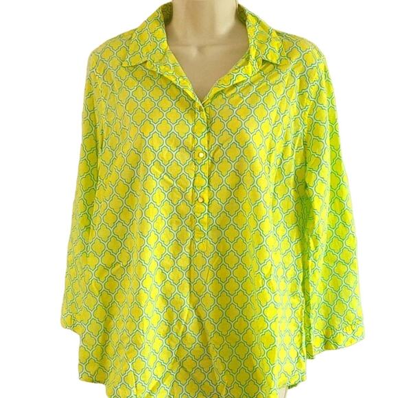 Lands' End Women's Abstract Print Long Sleeve Blouse Size 14 Petite -Yellow/Blue - Picture 5 of 8